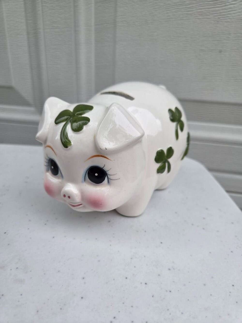 Vintage Lefton Shamrock Irish Piggy Bank With Clover Accents Ceramic Green & Whi